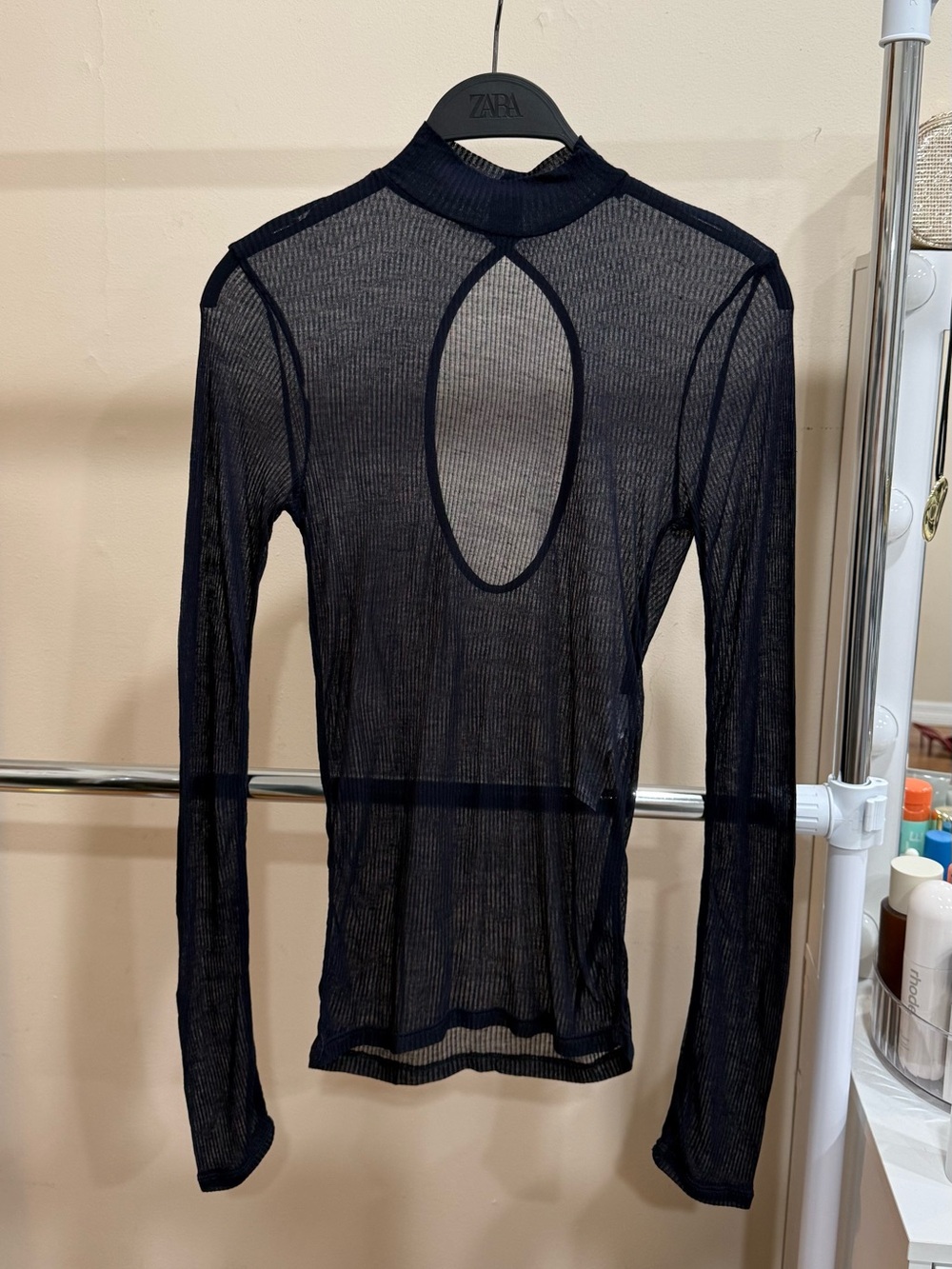 ZARA Sheer Ribbed Mesh Top Size M Navy Blue Open Back Long Sleeve Mock Neck